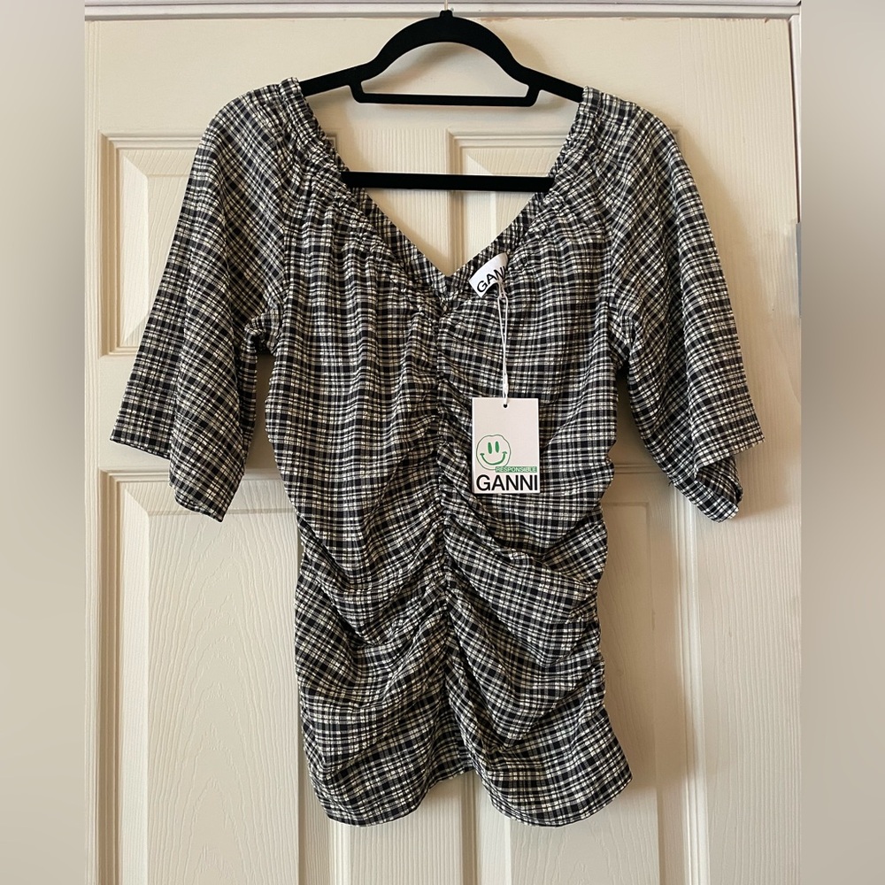 Ganni Ruched Checkered Blouse NWT